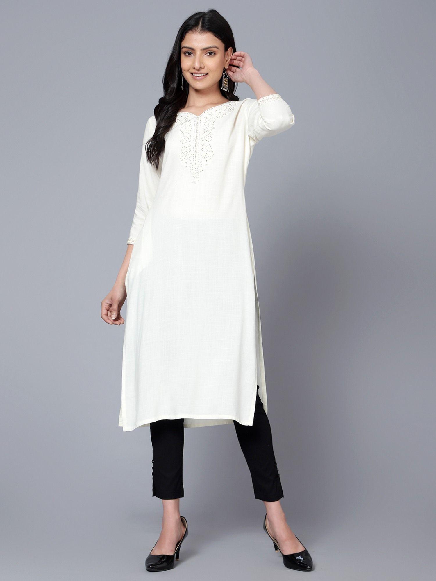 women sequined off white kurta