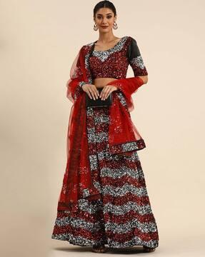 women sequins embellished flared lehenga choli set with dupatta