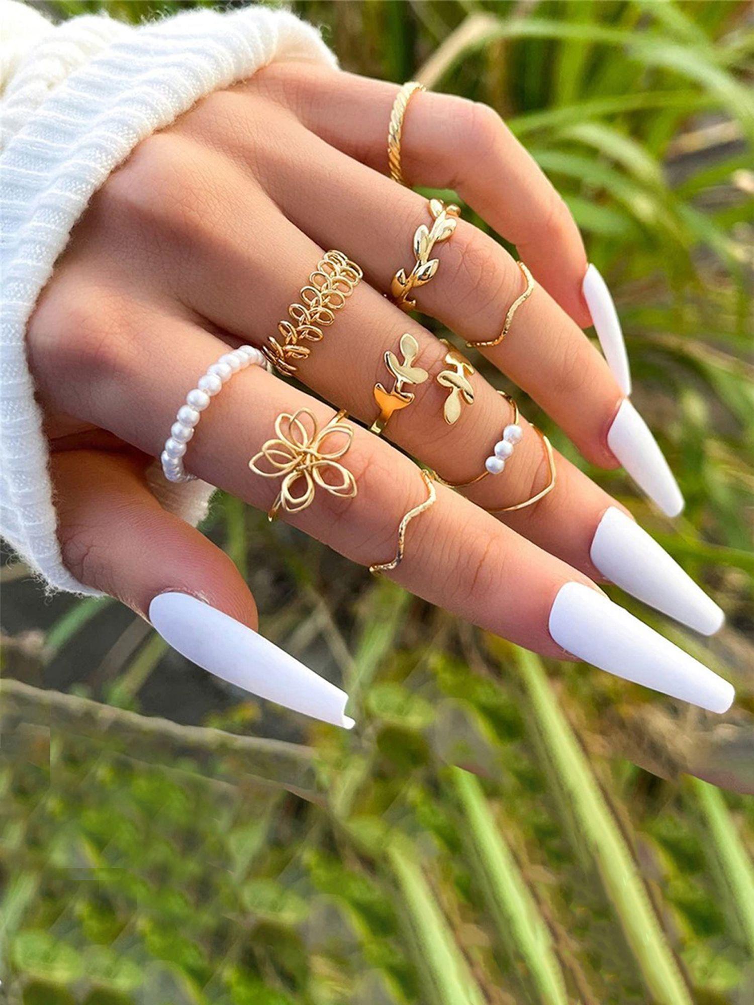 women set of 10 gold plated adjustable floral finger ring