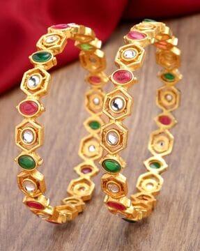 women set of 2 gold-plated stone-studded bangles