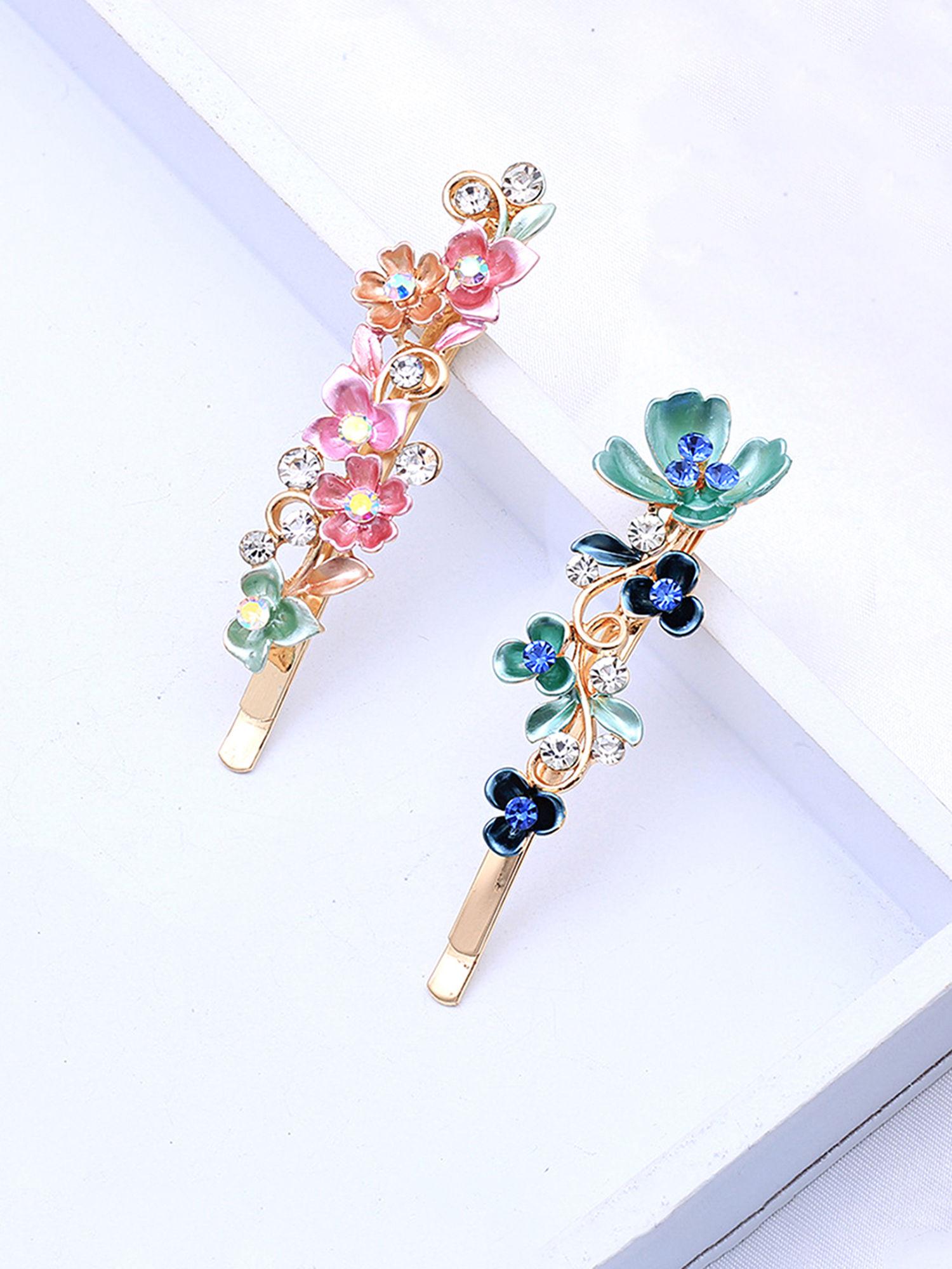 women set of 2 multicolor tiny floral design bobby pins