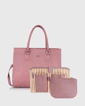 women set of 3 croc-embossed bags with detachable laptop sleeve & strap