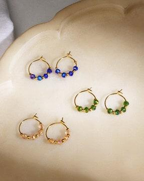 women set of 3 gold-plated beaded hoop earrings