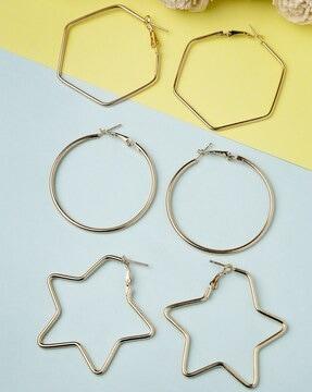 women set of 3 gold-toned geometric hoop earrings