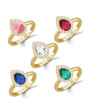 women set of 5 gold-plated american diamond-studded rings