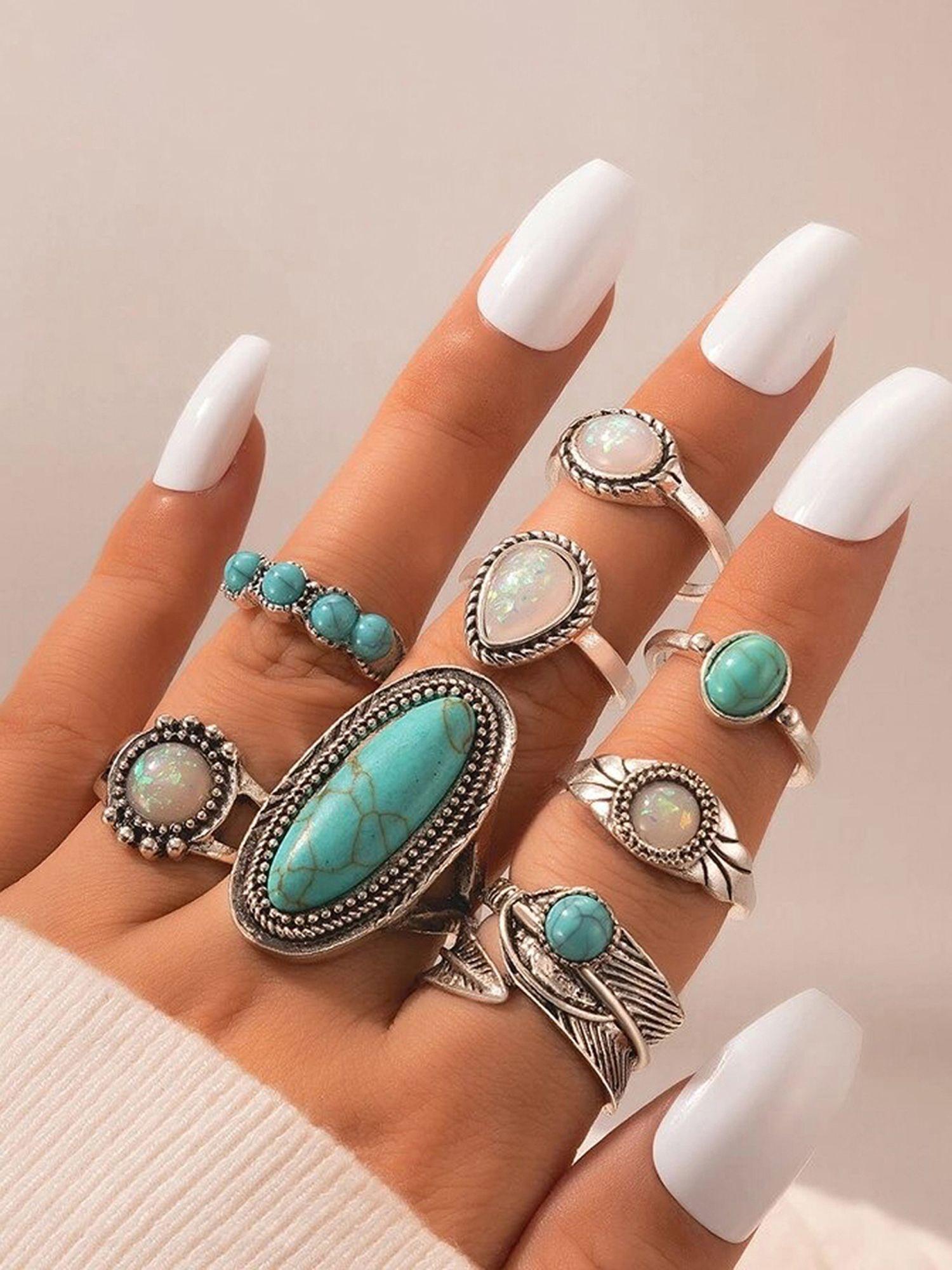 women set of 8 silver plated turquoise contemporary finger ring