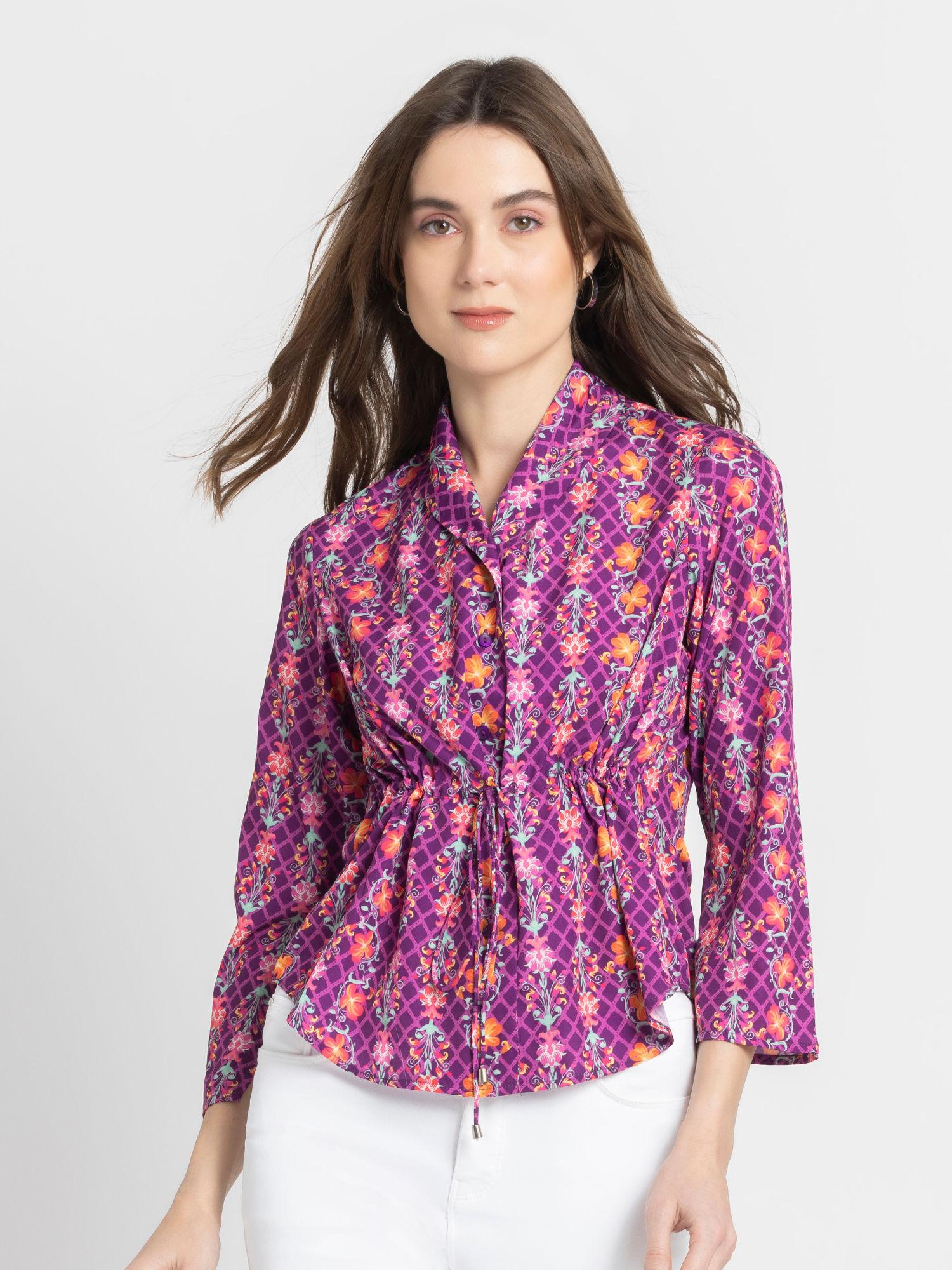 women shawl collar purple floral print three-quarter sleeves casual tops