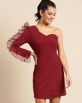 women sheath dress with ruffled one-shoulder sleeves