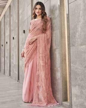 women sheer-through saree with applique details