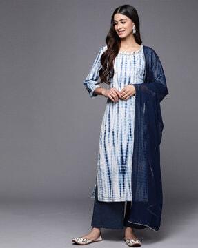 women shibori print straight kurta with palazzos & dupatta