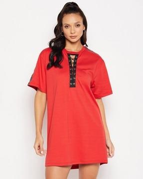 women shift dress with criss-cross tie-up neckline & shoulder taping