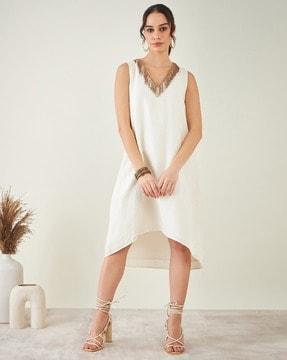 women shift dress with embellished v-neck