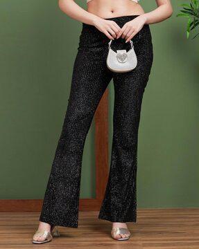 women shimmer flared flat-front trousers