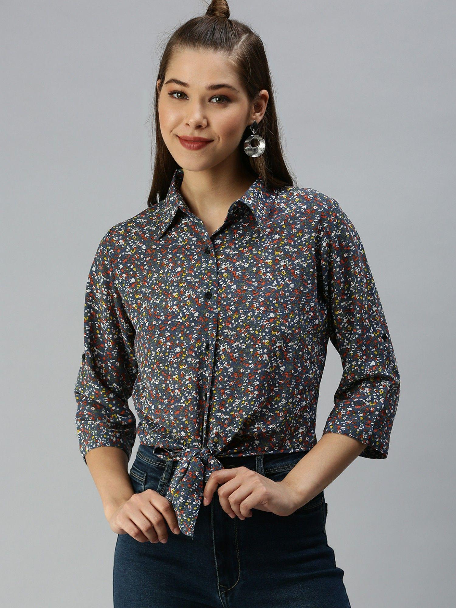 women shirt collar floral blue regular top