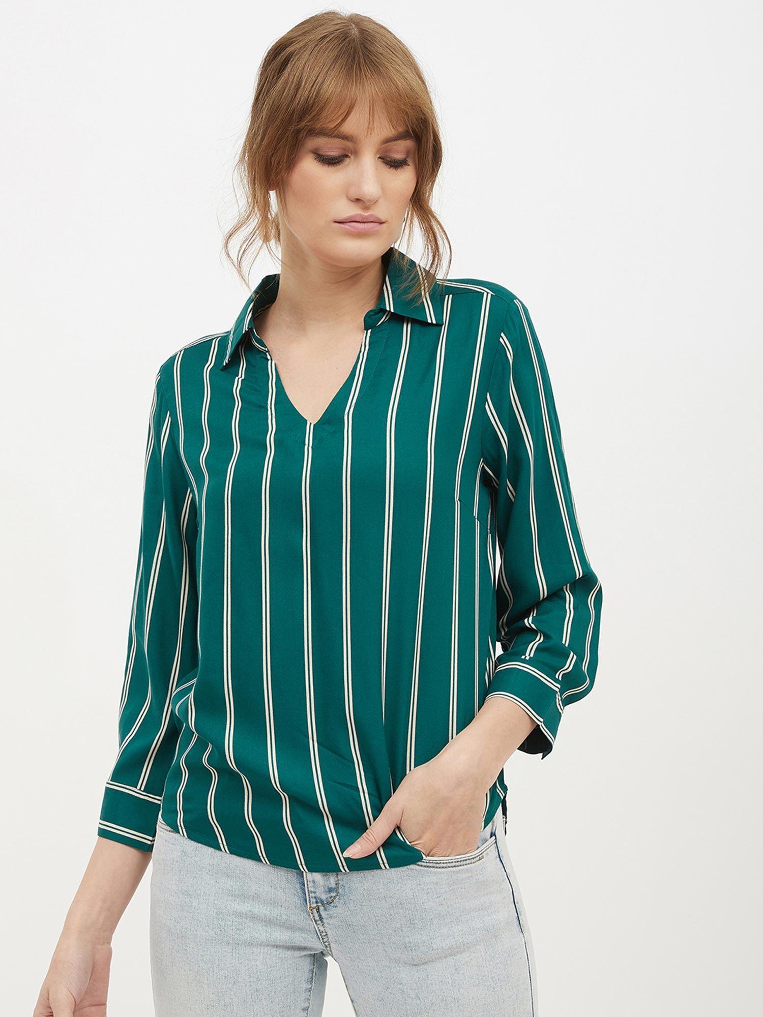 women shirt collar full sleeve striped top