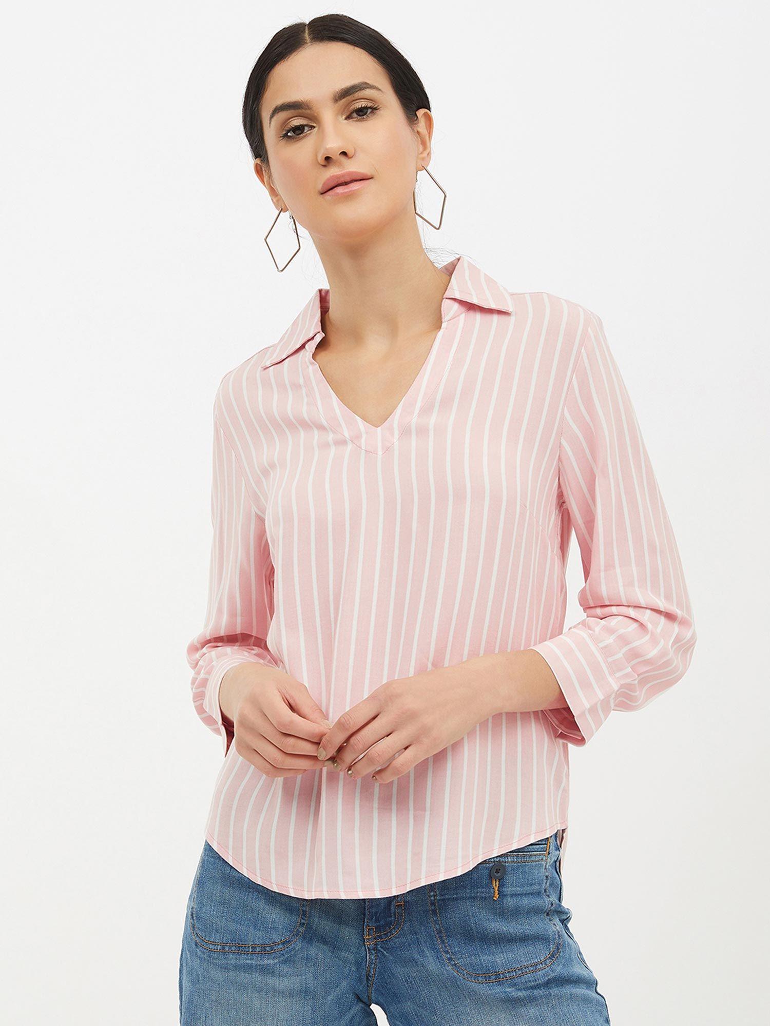 women shirt collar three-quarter sleeves striped top