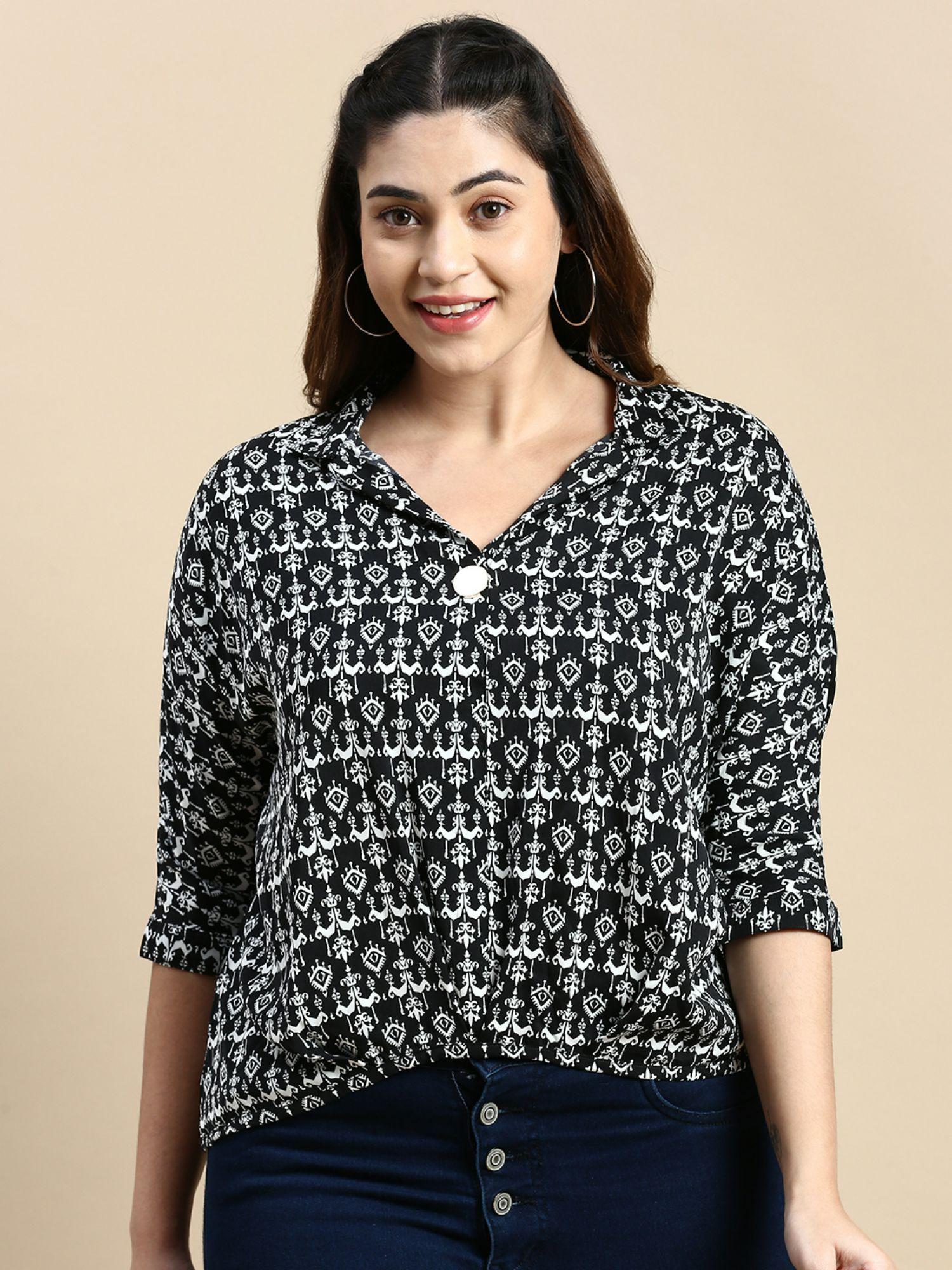 women shirt collar tribal black regular top