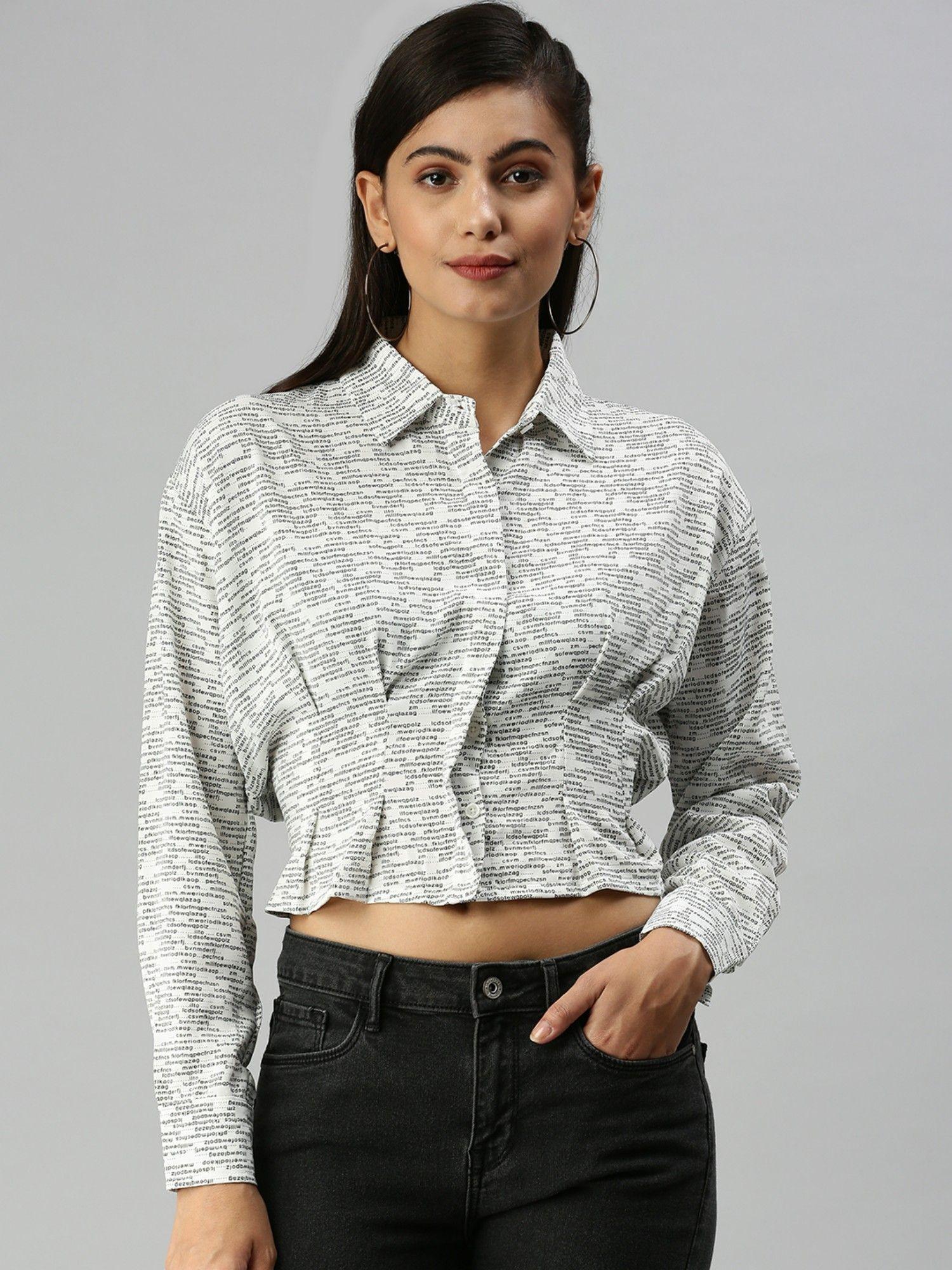 women shirt collar typography white crop top