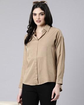 women shirt-styled top with cuffed sleeves