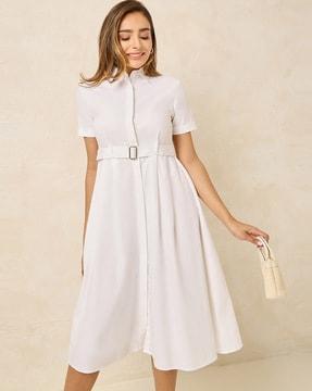 women short sleeve shirt midi dress with belt