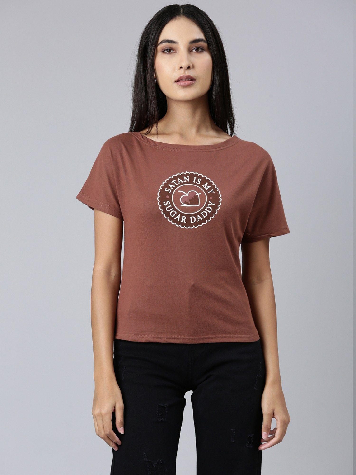 women short sleeves boat neck typography slim fit brown regular t-shirt