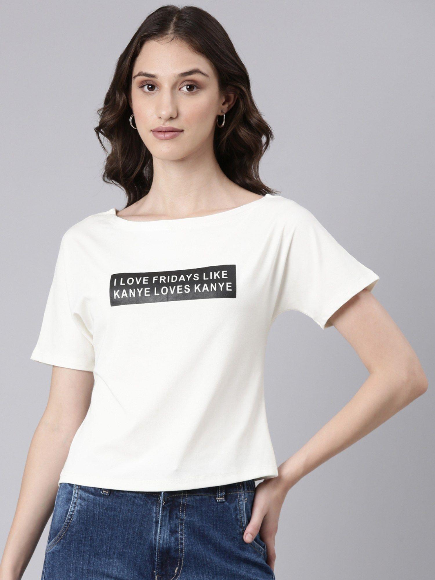 women short sleeves boat neck typography slim fit off white regular t-shirt