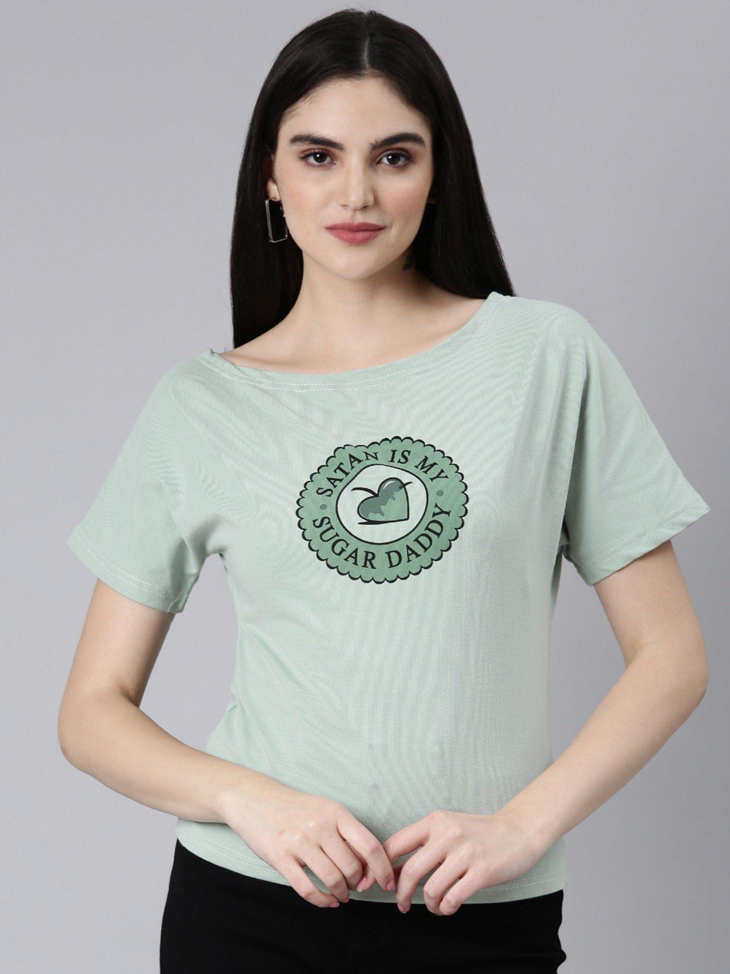 women short sleeves boat neck typography slim fit sea green regular t-shirt