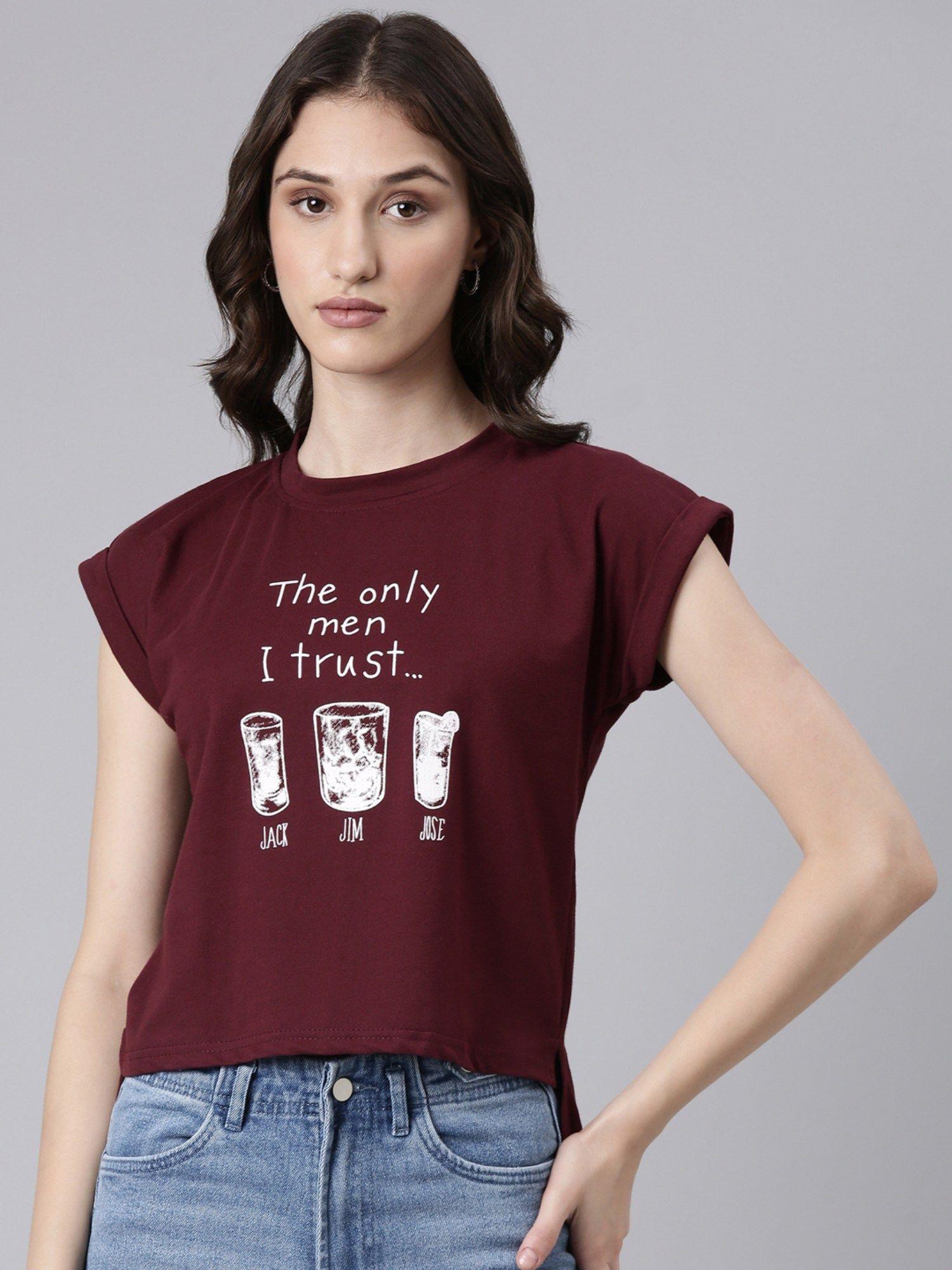 women short sleeves round neck typography slim fit maroon regular t-shirt