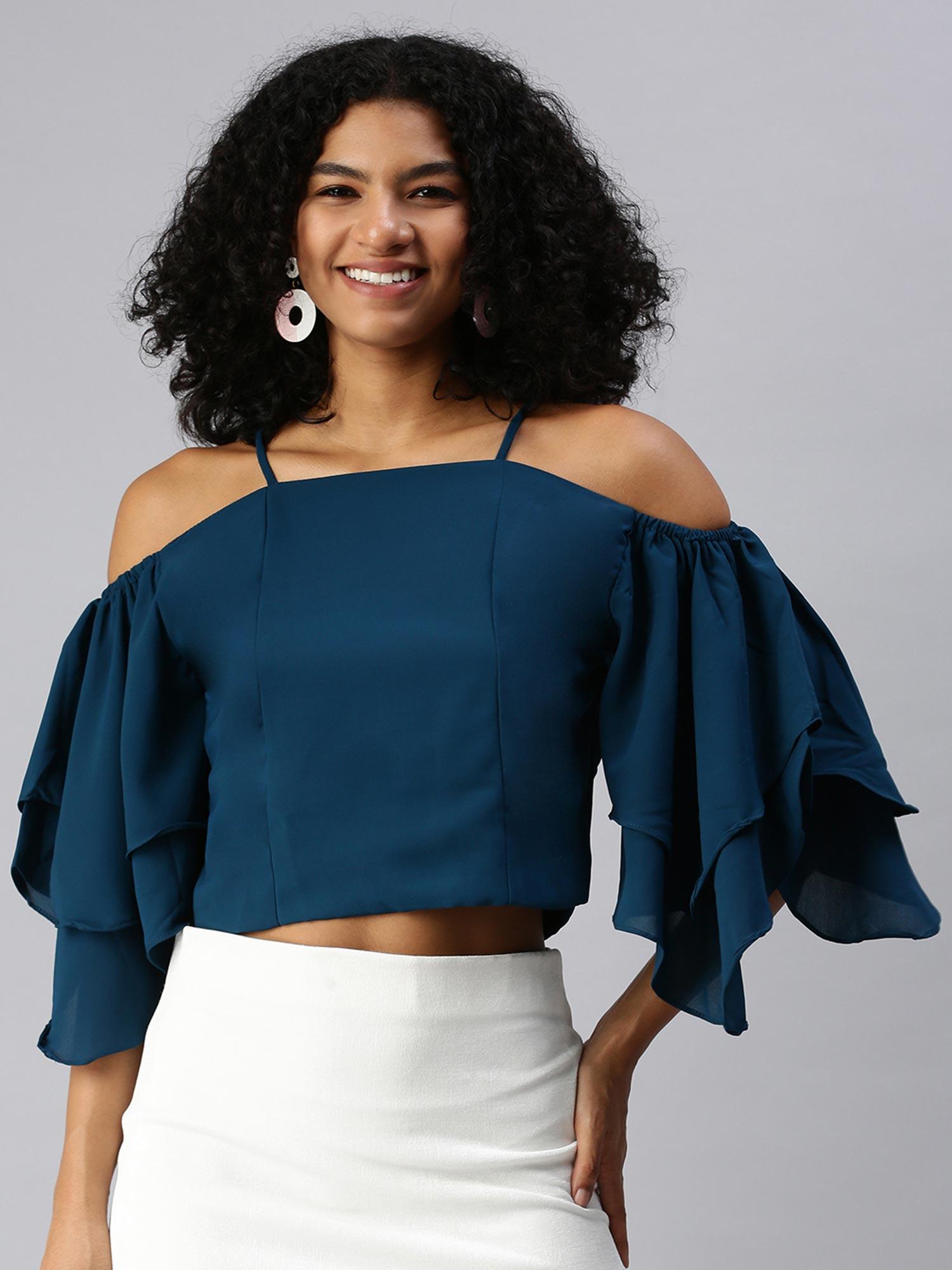 women shoulder straps flare sleeves solid teal crop top