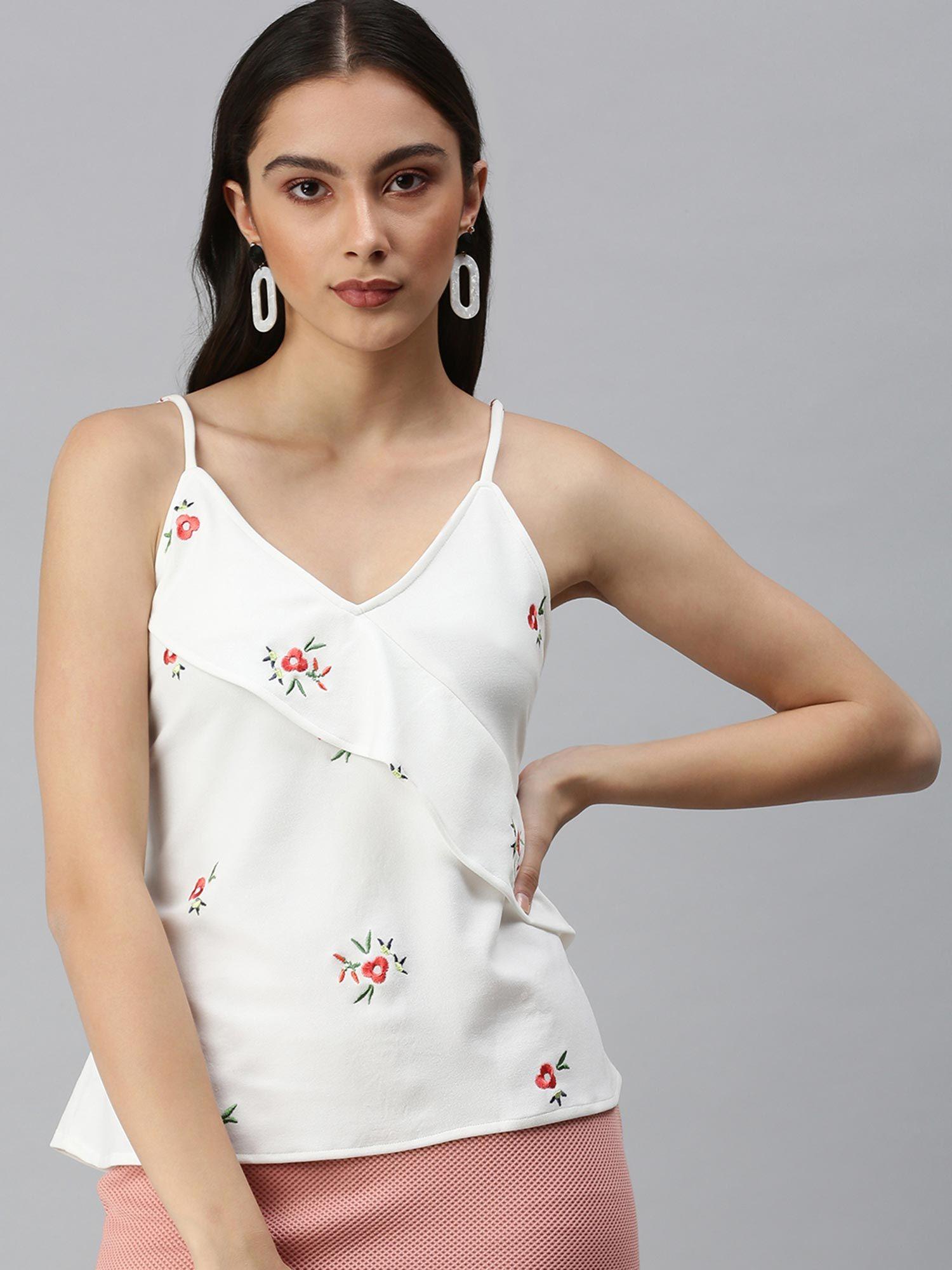 women shoulder straps sleeveless floral white top