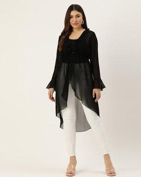 women shrug with high-low hem