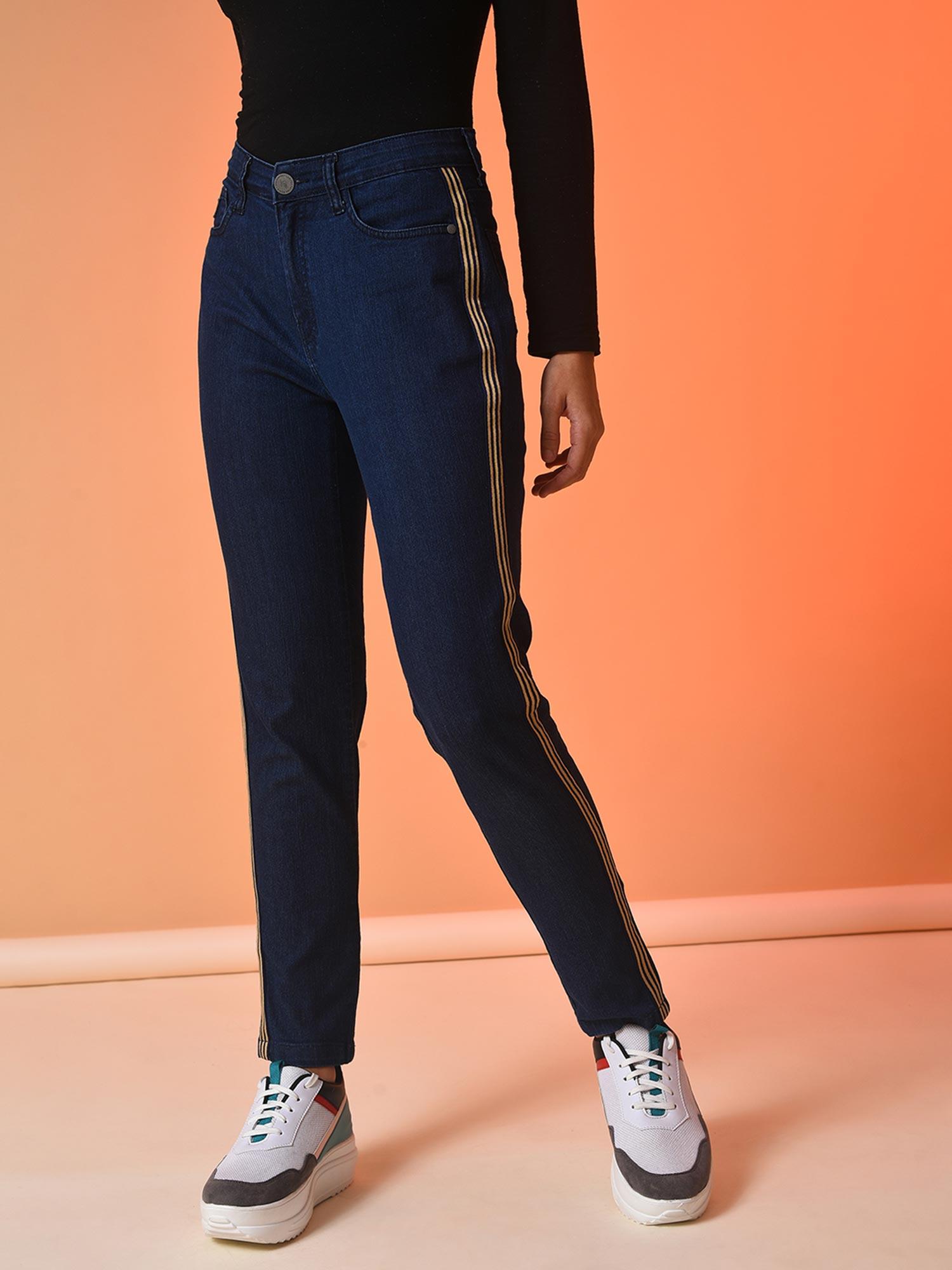 women side stripes stylish casual denim jeans