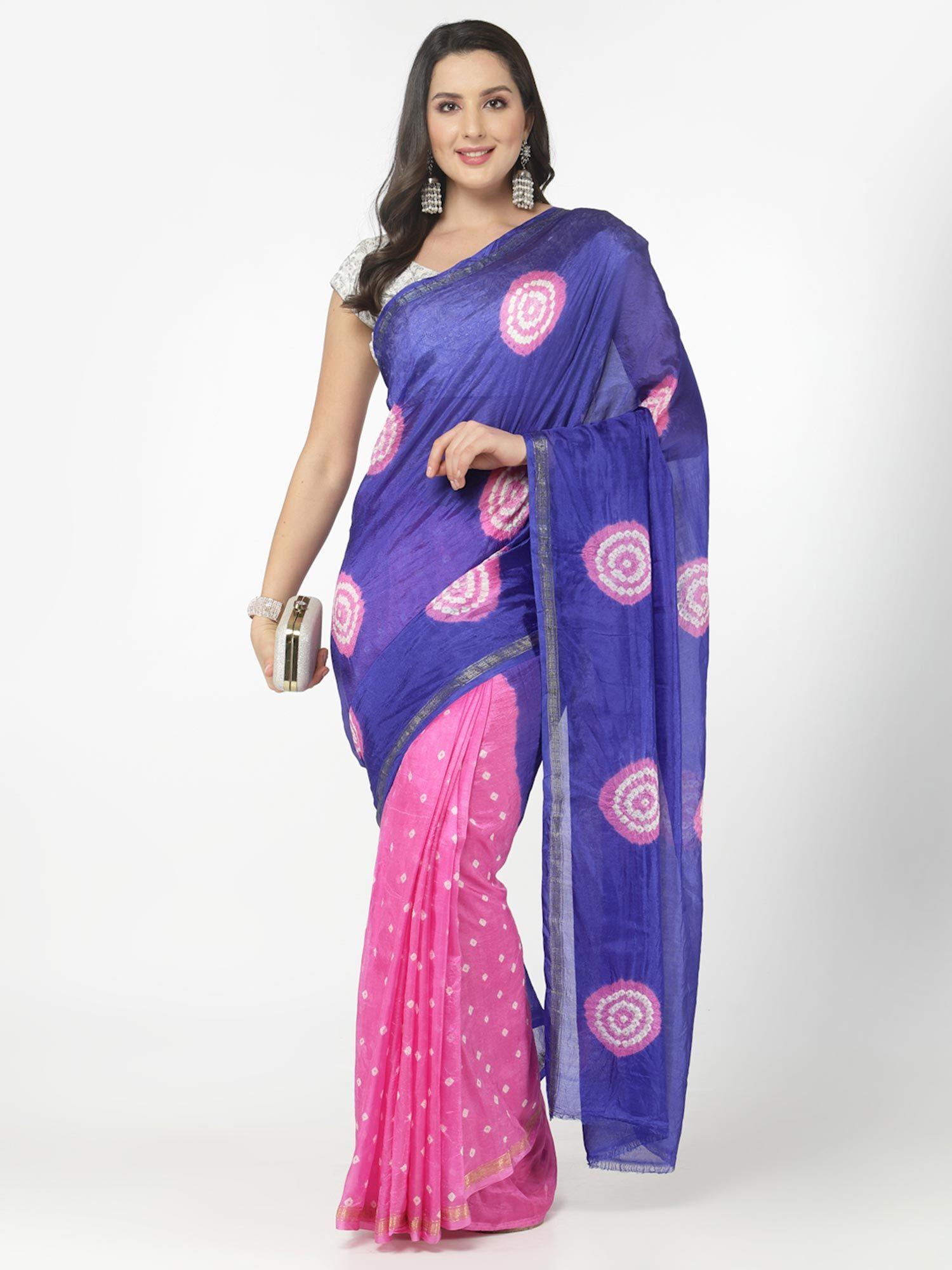women silk bandhani and zari weaving saree with unstitched blouse - purple & pink