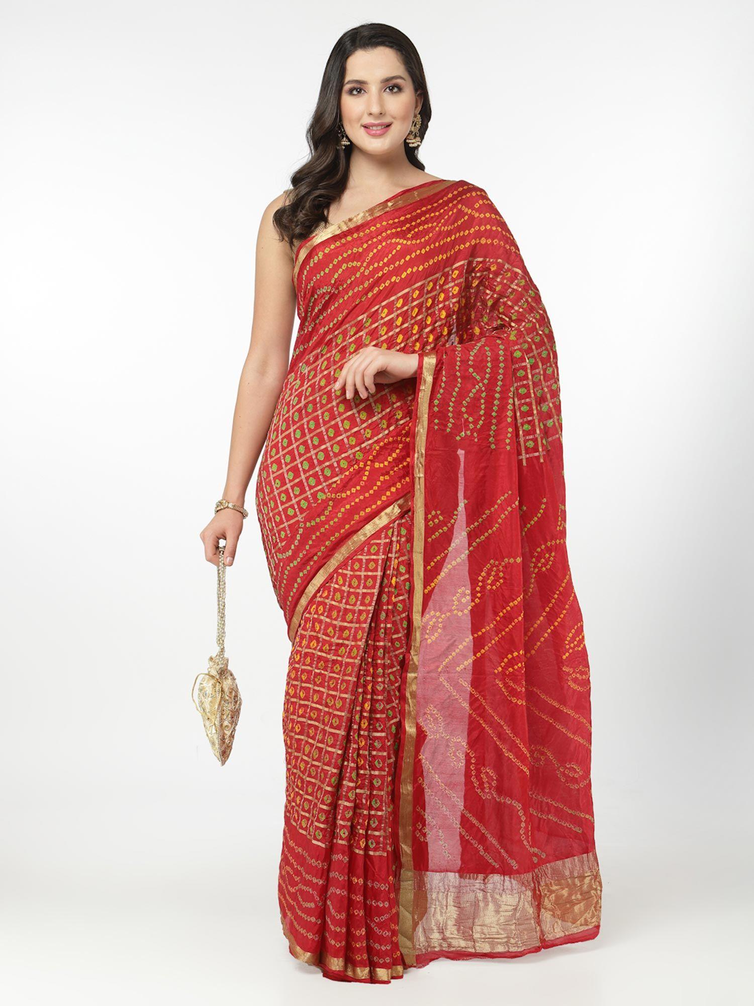 women silk bandhani and zari weaving saree with unstitched blouse - red