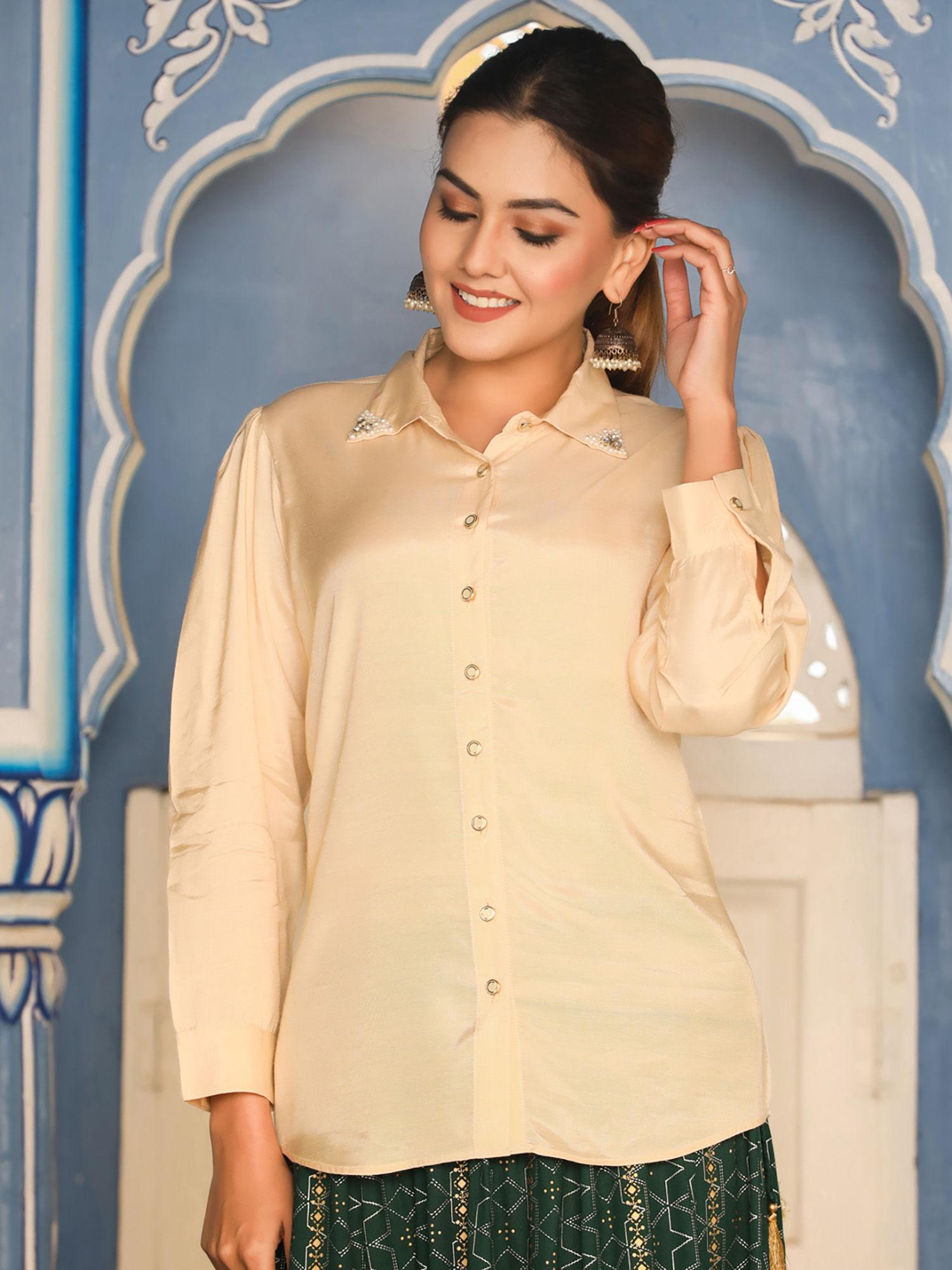 women silk blend beige embellished shirt