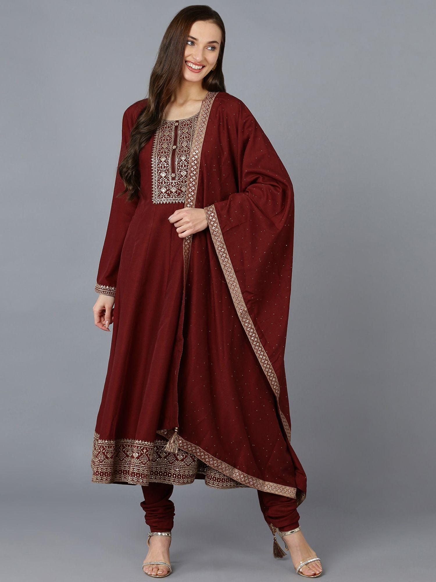 women silk blend embroidered anarkali kurta chudidar with dupatta (set of 3)