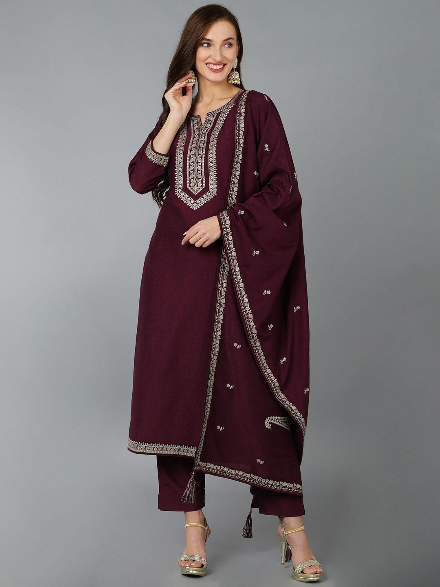 women silk blend embroidered kurta trousers with dupatta (set of 3)
