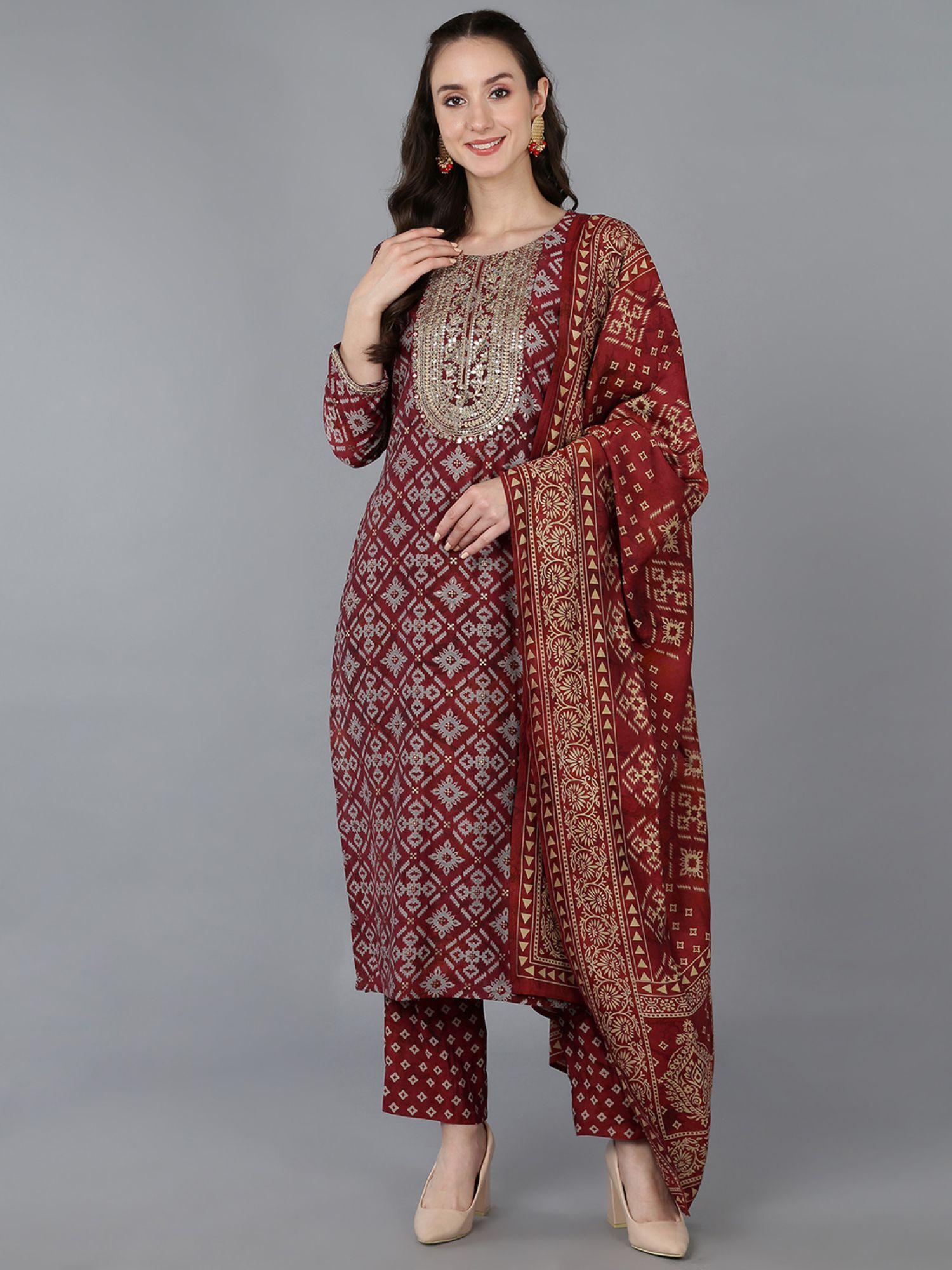 women silk blend embroidered printed kurta trouser with dupatta (set of 3)