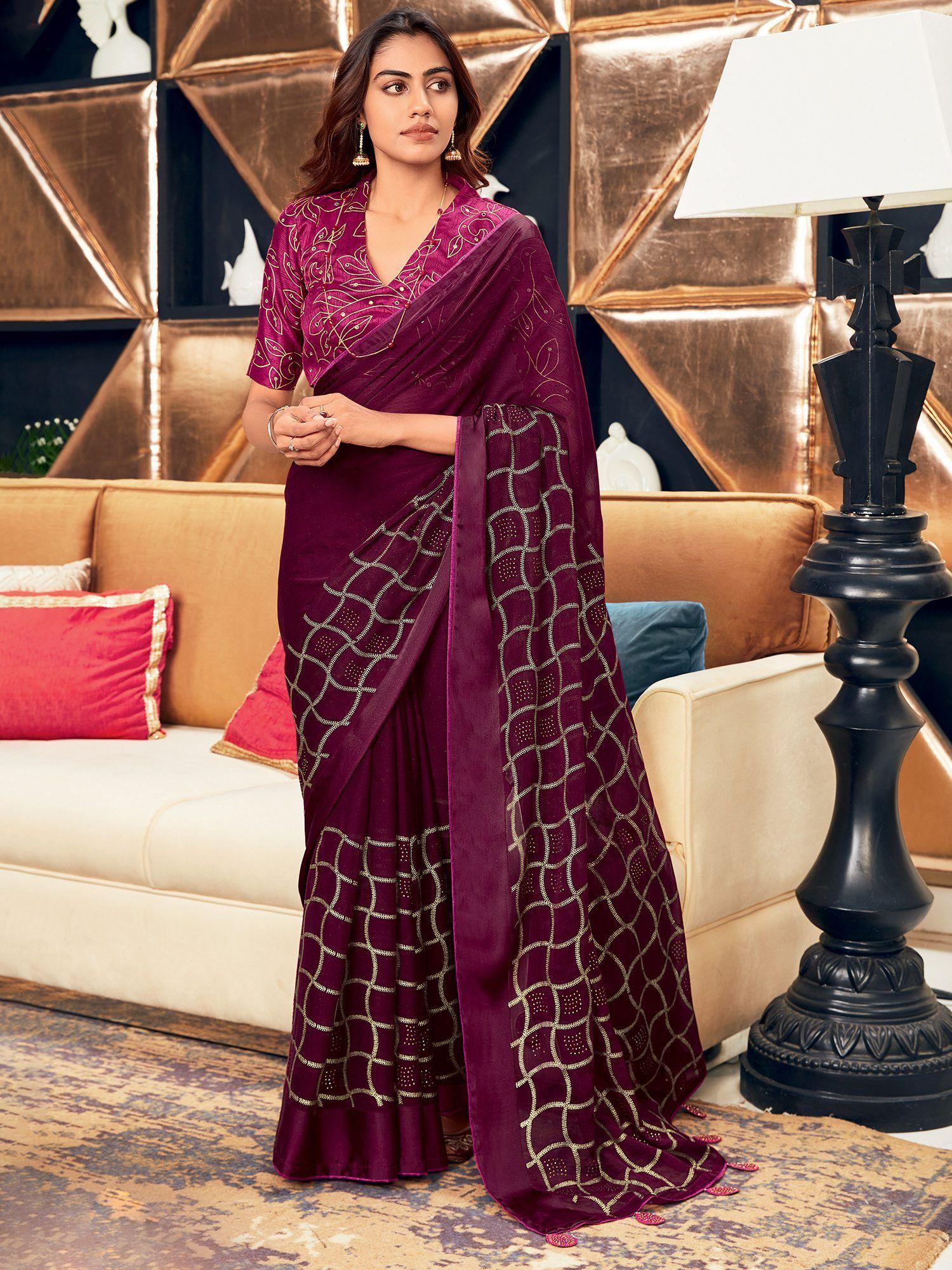 women silk blend magenta embellished celebrity saree with unstitched blouse