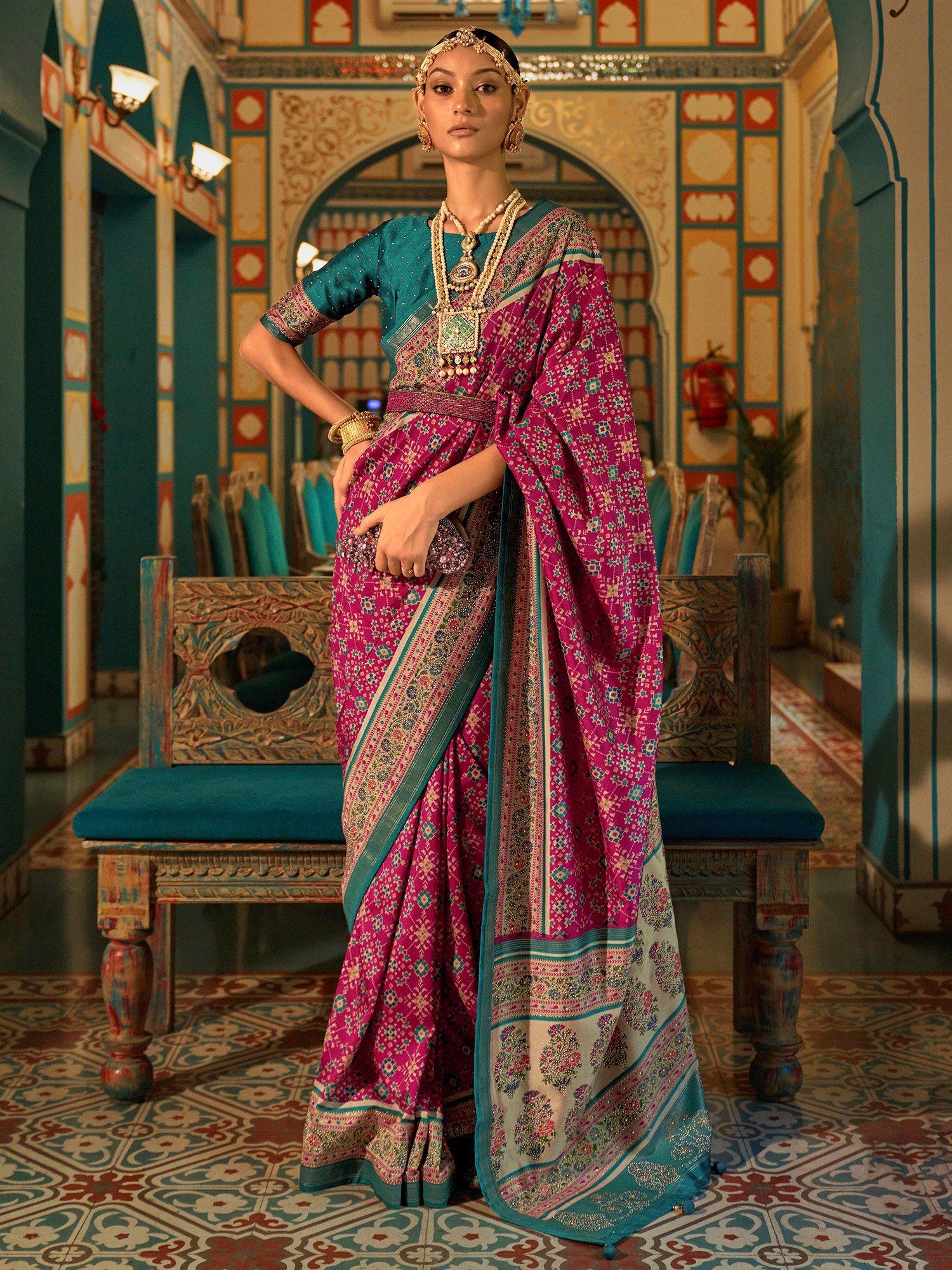 women silk blend magenta embellished designer saree with unstitched blouse piece