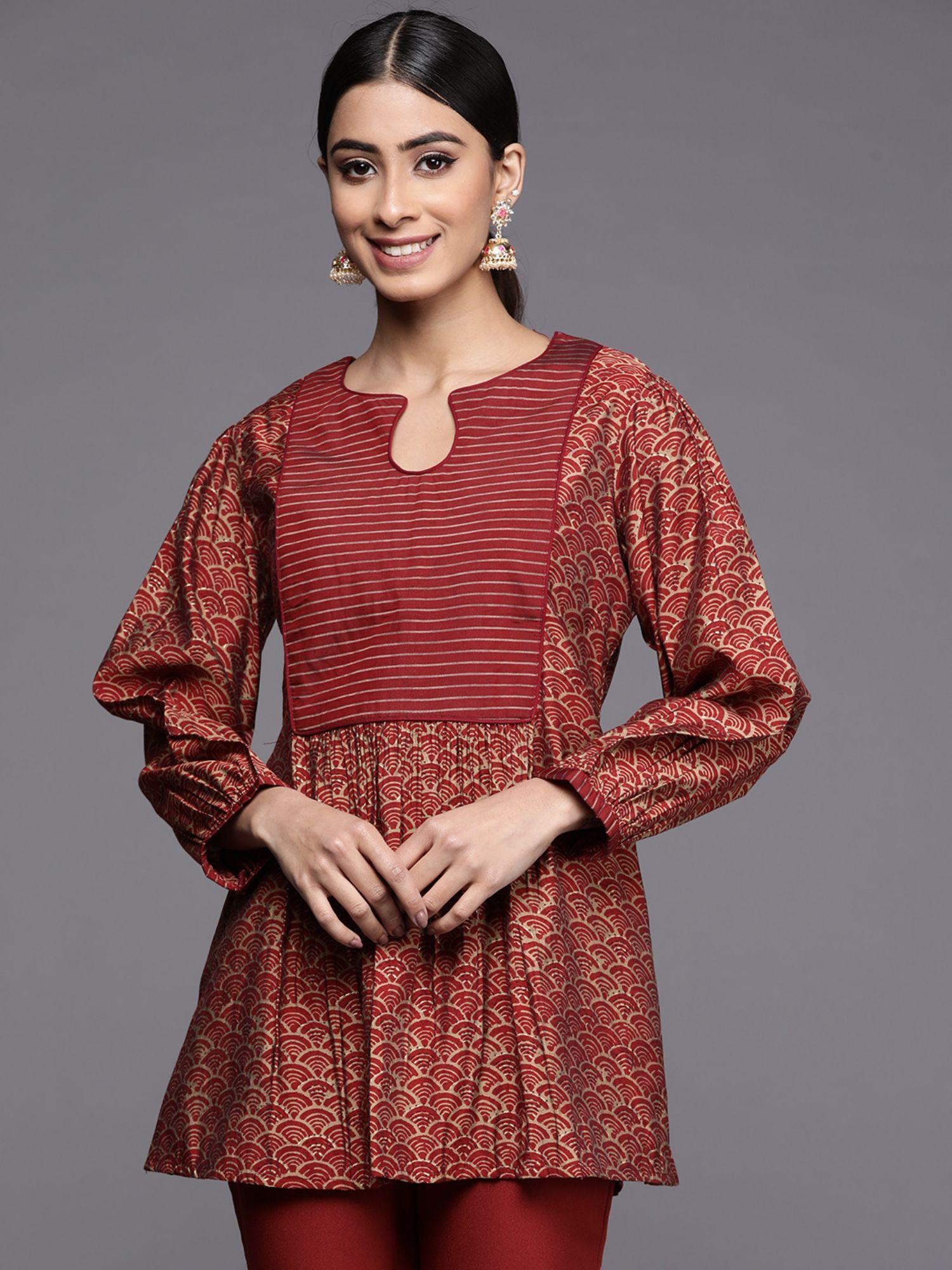 women silk blend maroon printed kurti