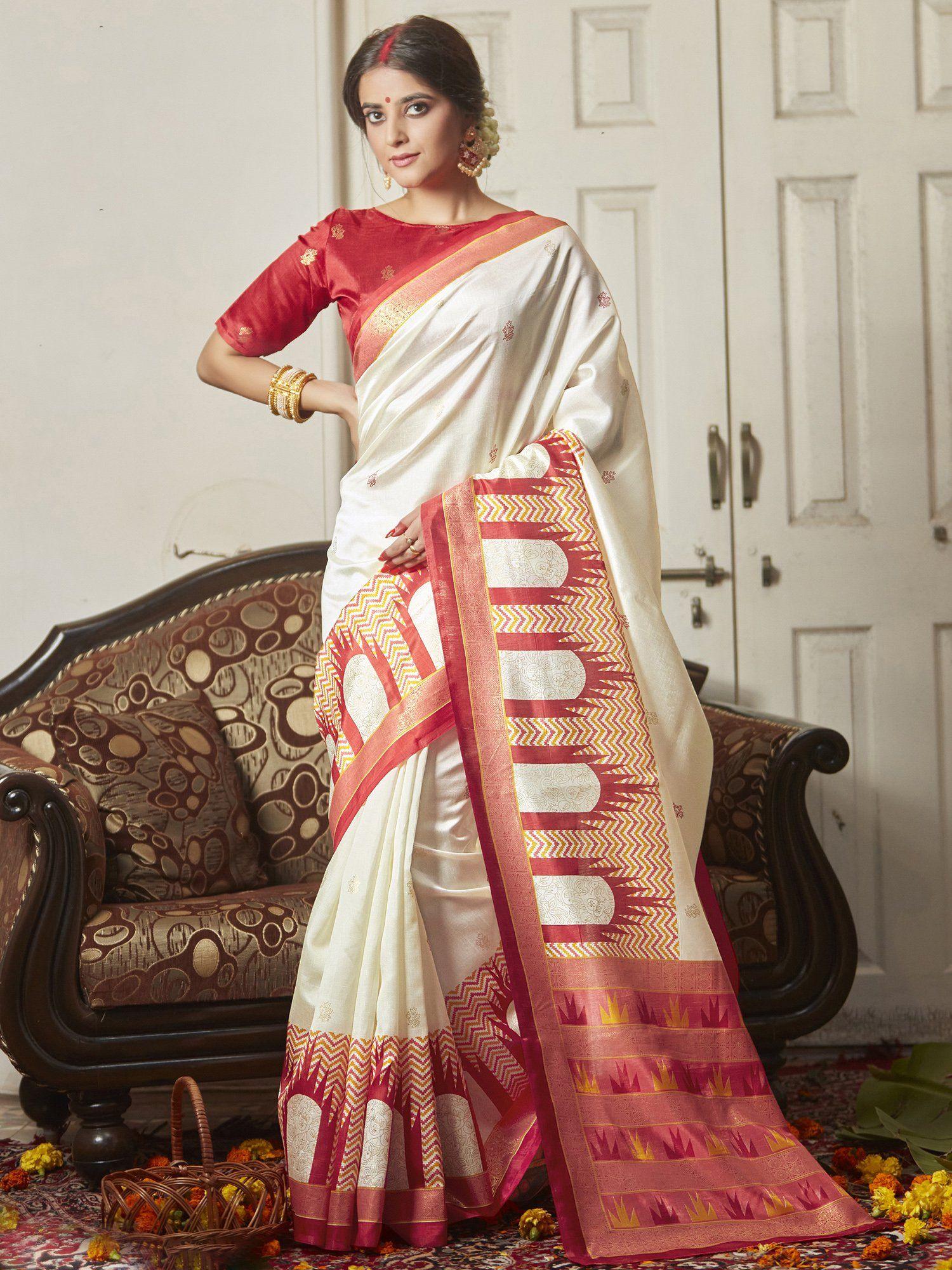 women silk blend off white printed celebrity saree with unstitched blouse
