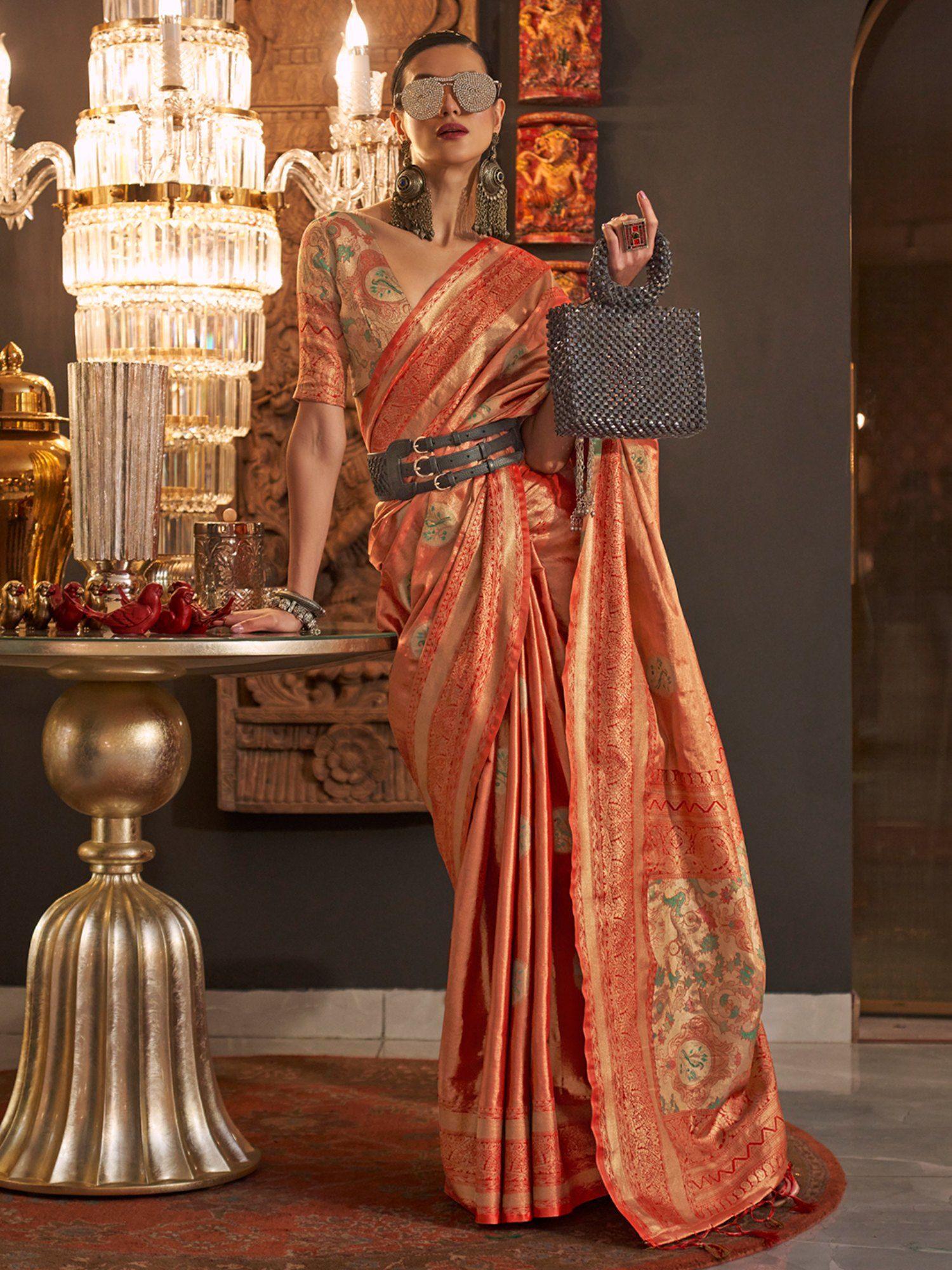 women silk blend orange woven design designer saree with unstitched blouse piece