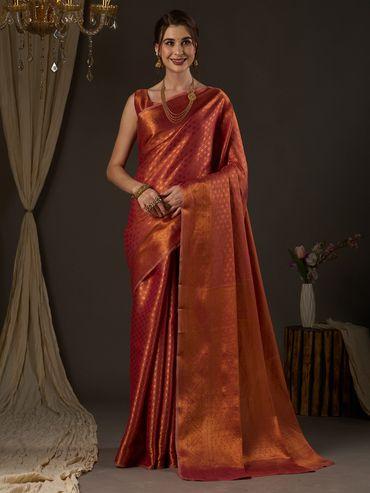women silk blend pink & gold woven design designer saree with unstitched blouse