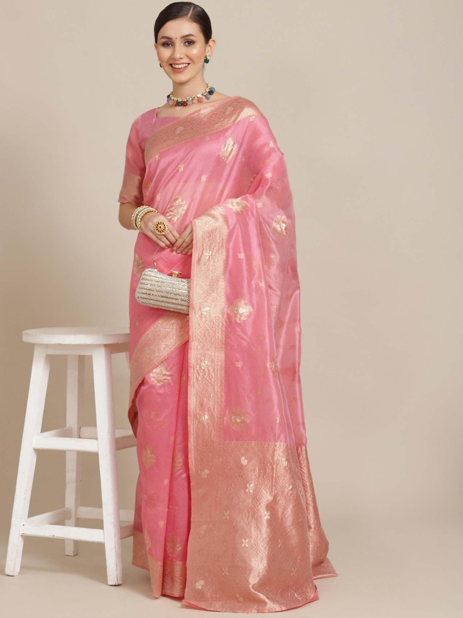 women silk blend pink designer saree with unstitched blouse