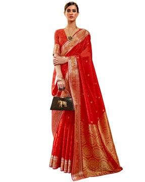 women silk blend red woven design handloom saree with unstitched blouse saree