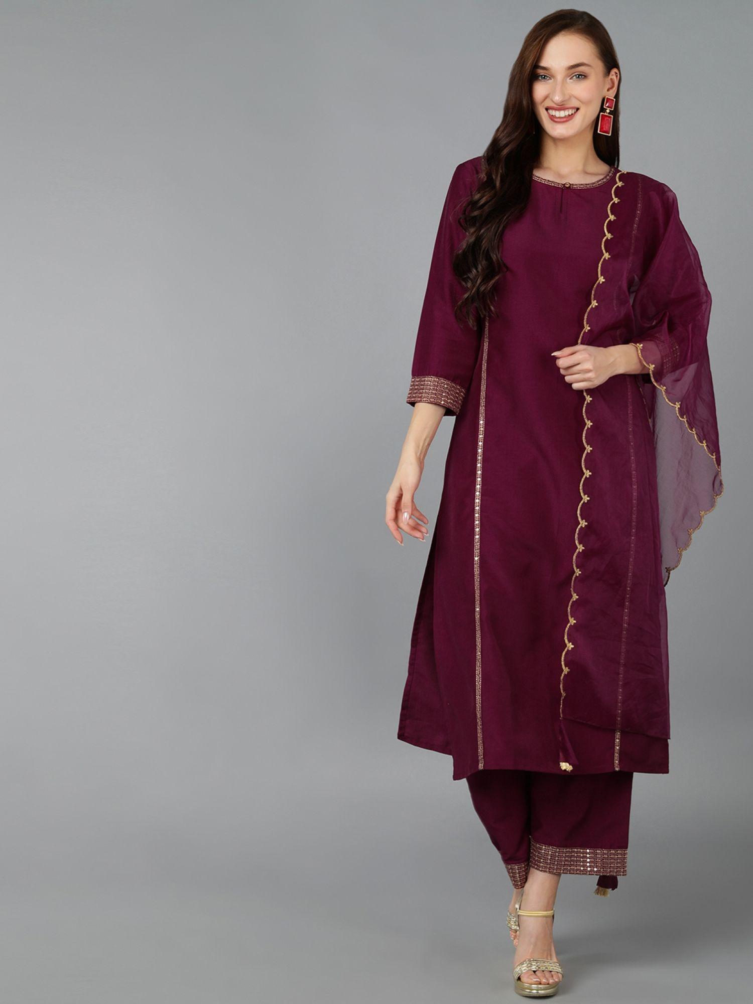 women silk blend solid kurta trousers with dupatta (set of 3)