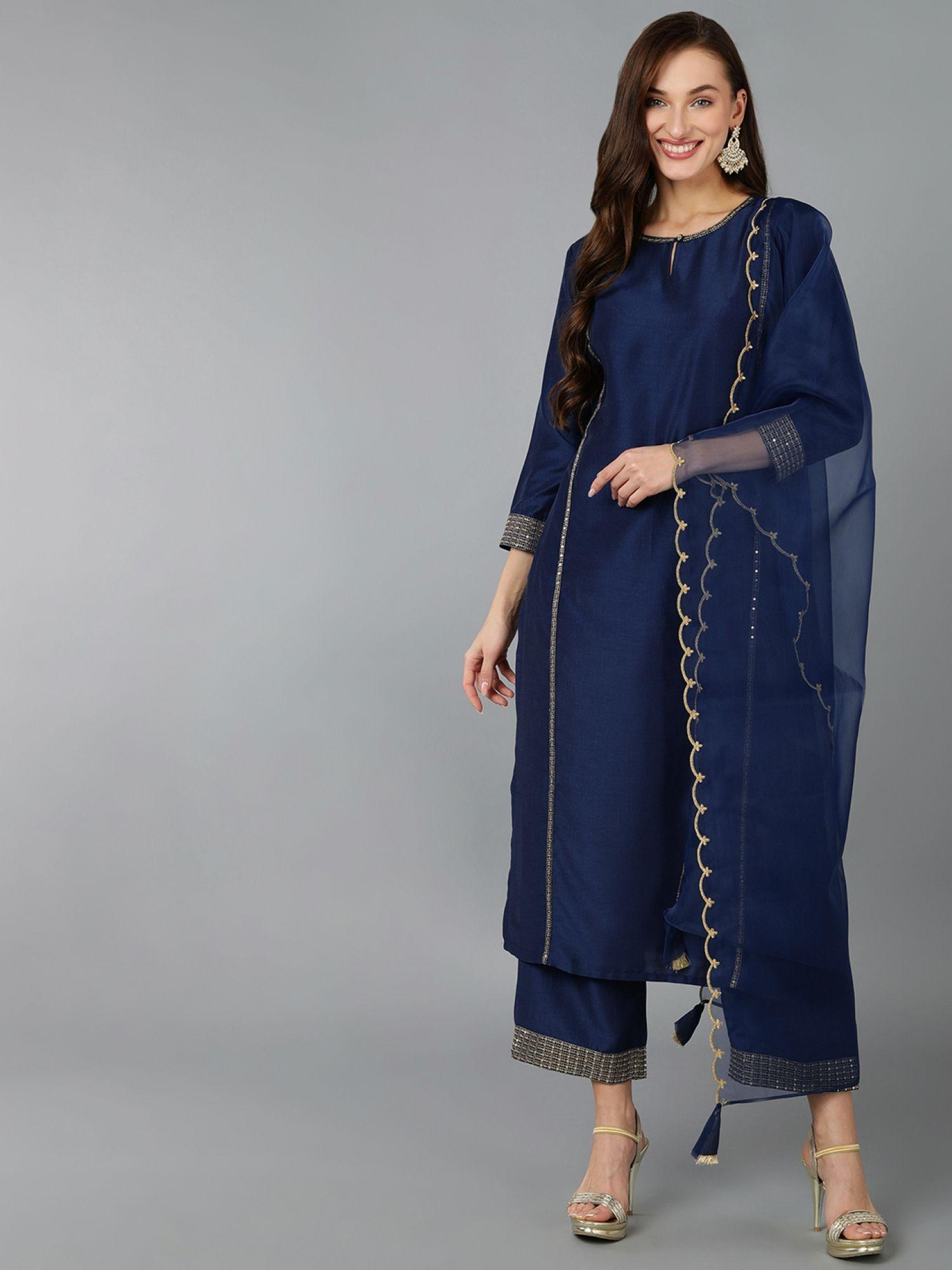 women silk blend solid kurta trousers with dupatta (set of 3)