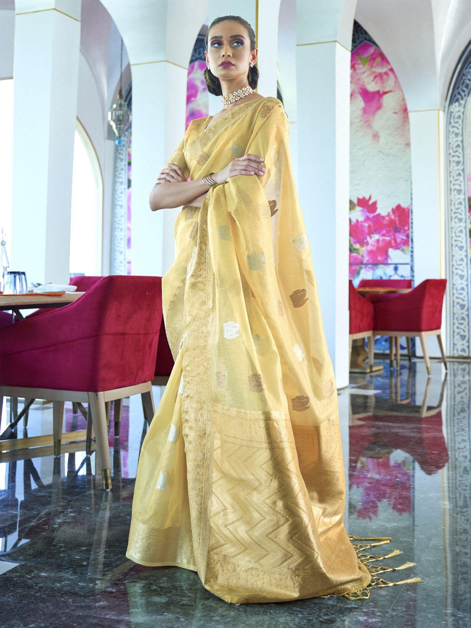 women silk blend yellow woven design designer saree with blouse piece