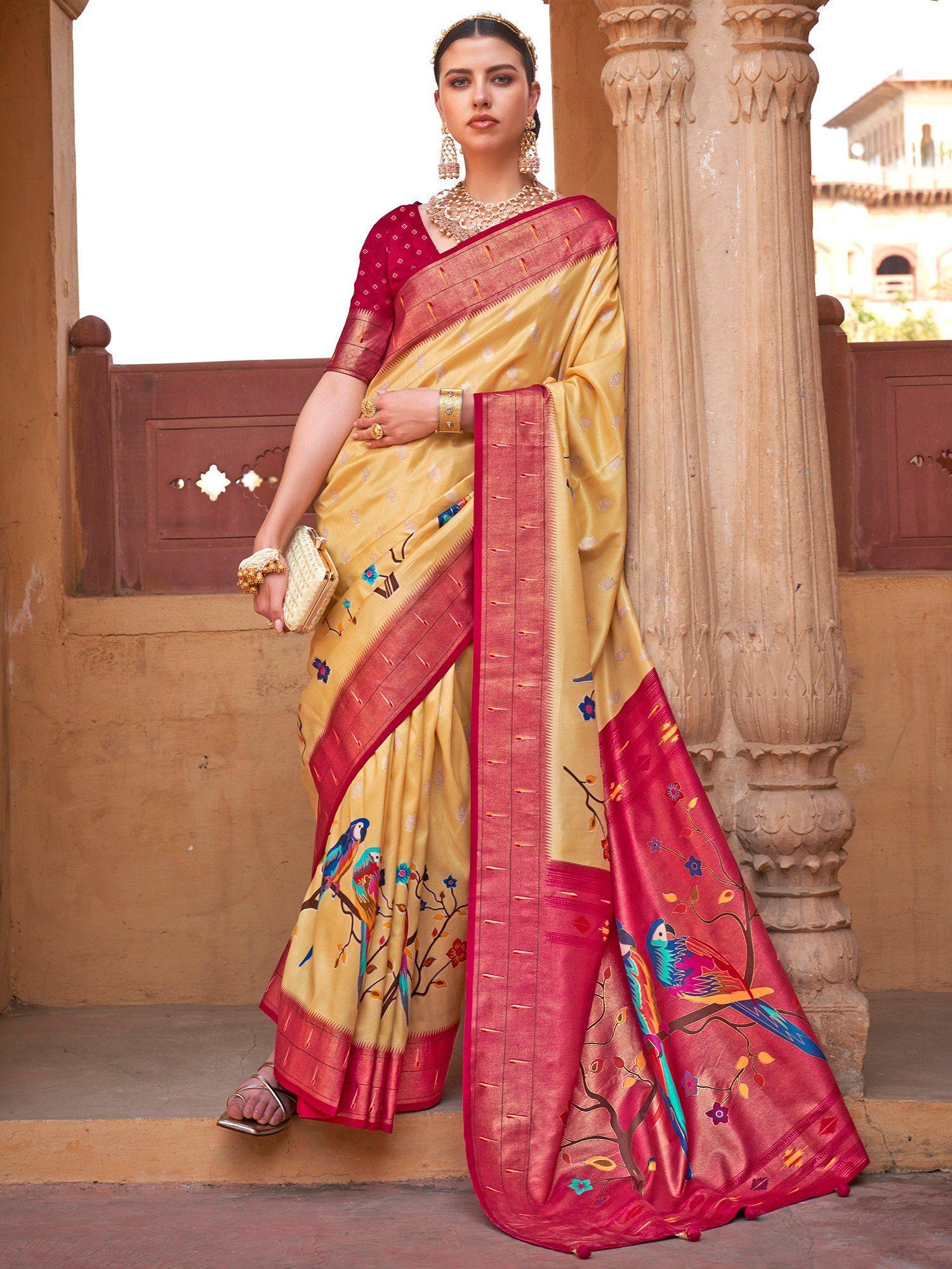 women silk blend yellow woven design designer saree with unstitched blouse piece
